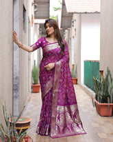 Purple Handpicked Soft Dola Silk Bandhani Saree With Zari Weaving Design